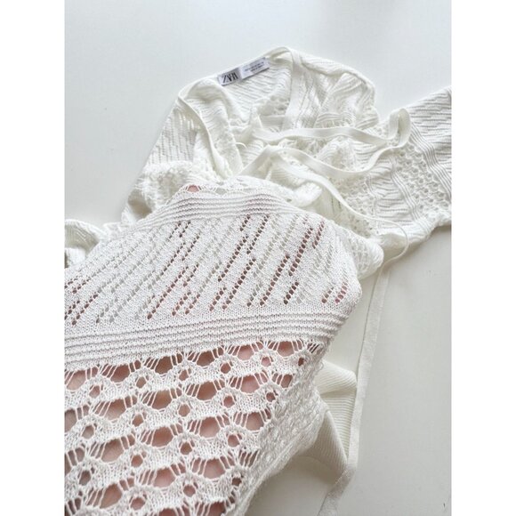 ZARA White Sheer Pointelle Knit Split V-Neck Tunic Top Cover-Up, Size M - Picture 10 of 14